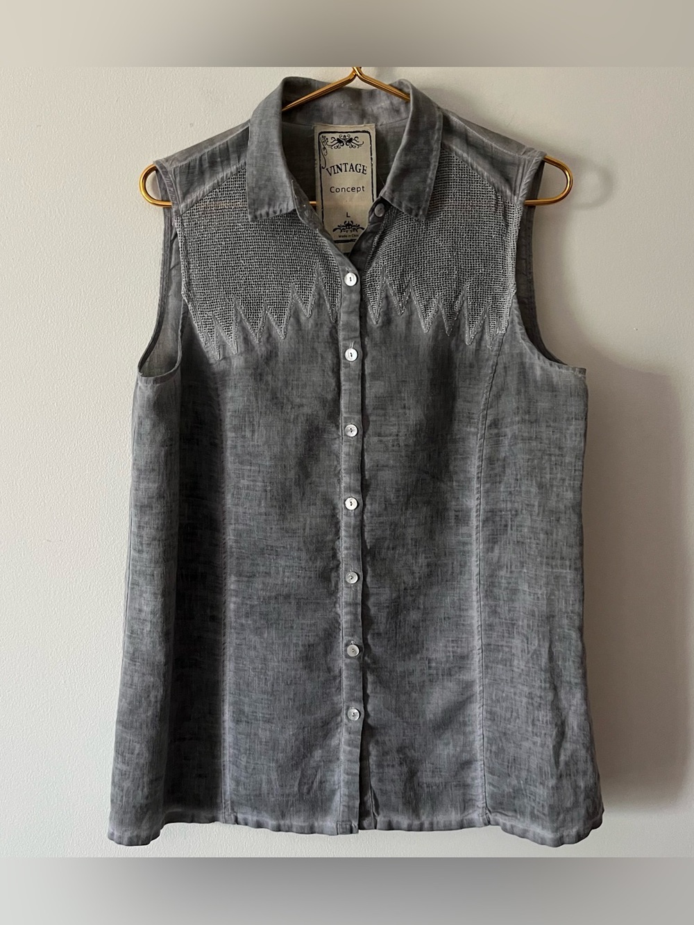 Vintage Concept Garment Dyed Gray Silk Blend Mixed Media Mesh Sleeveless Top L